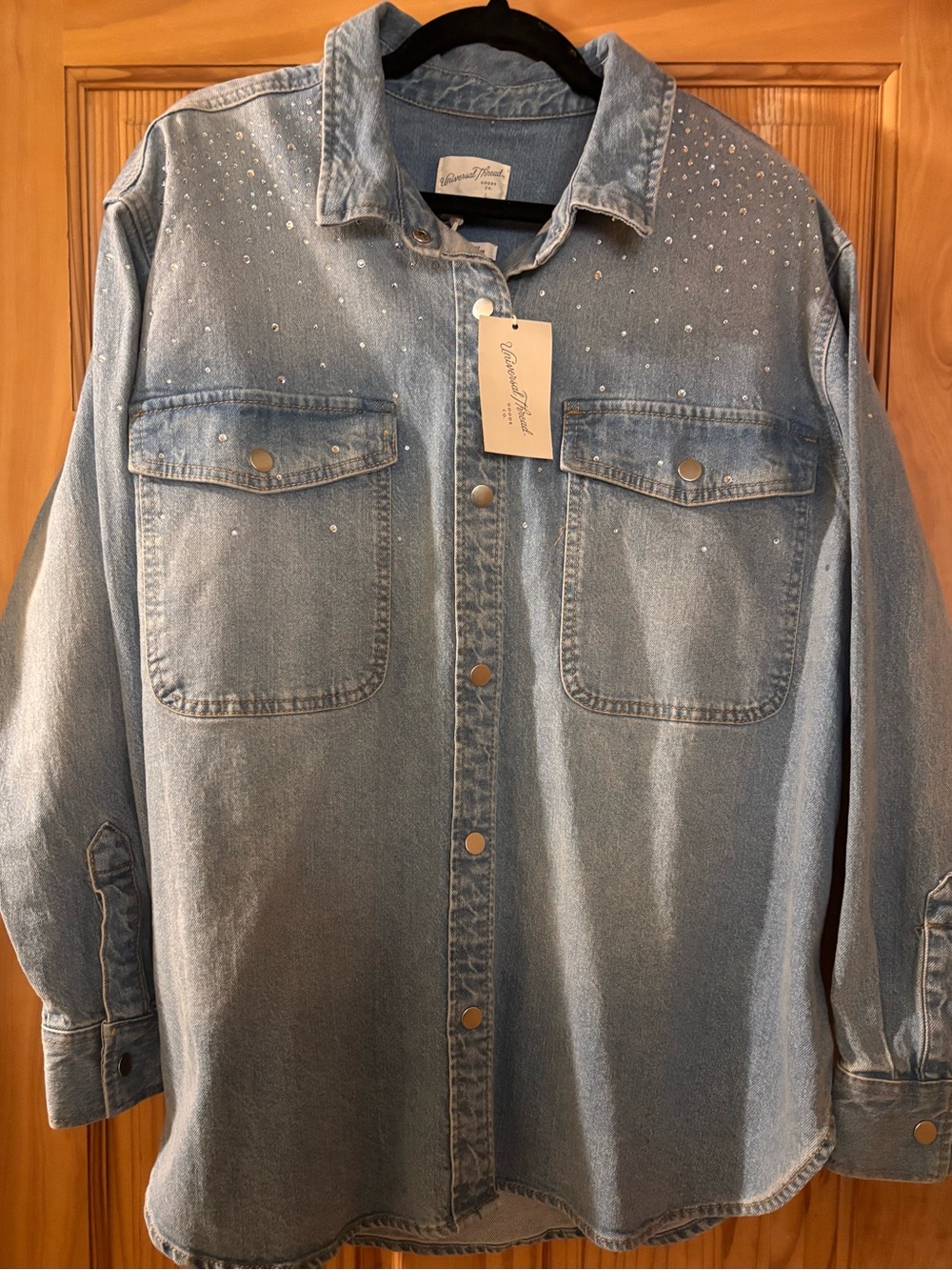 Universal Thread Light Blue Denim Button-Down Shirt with Rhinestone Detail